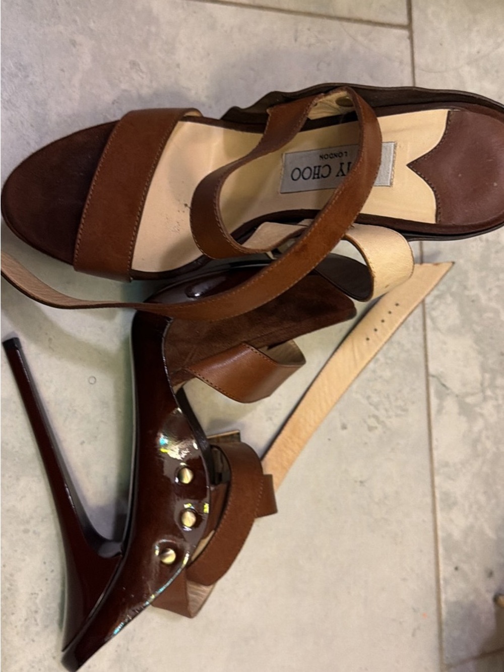 Jimmy Choo Brown Leather Strappy High Heel Sandals with Stud Accents